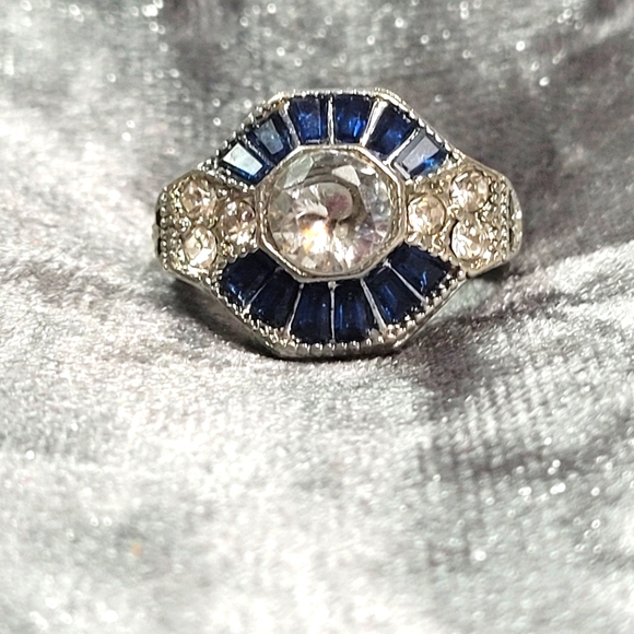 Blue Polygon CZ Zircon Art Deco Ring - Picture 2 of 7